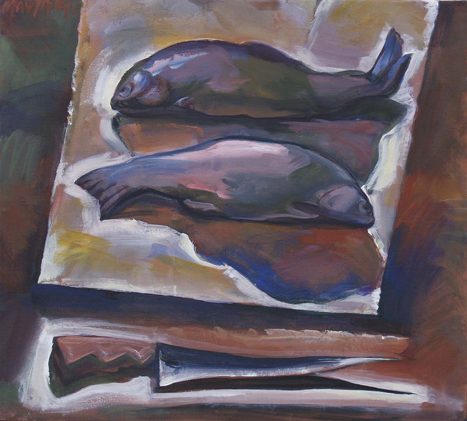 2014 Halak késsel 45 X49 olaj vászon